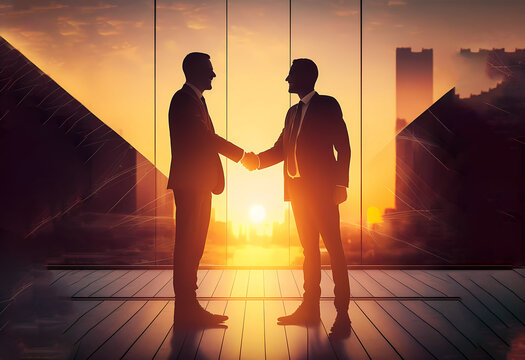 Silhouette of men. Businessmen shake hands against the backdrop of a large window, the sun is shining. Sunset. Generative AI