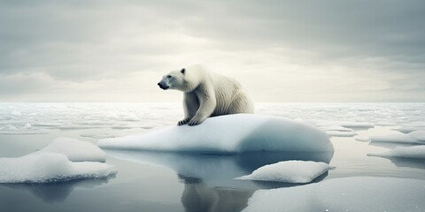 A polar bear stranded on a melting ice floe, symbolizing the plight of endangered species, concept of Environmental vulnerability, created with Generative AI technology Generative AI