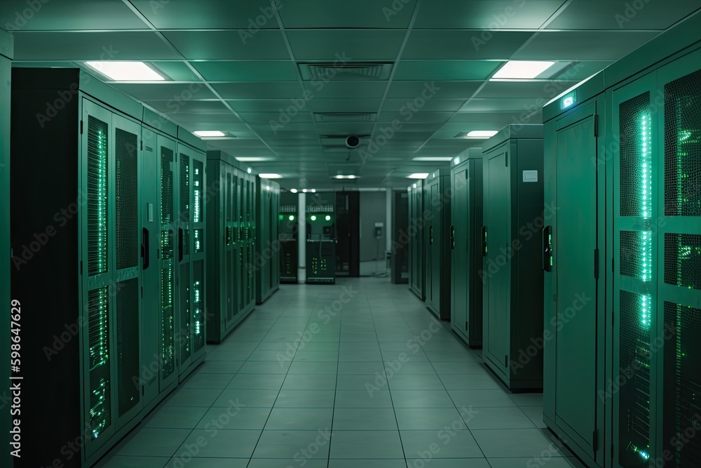 Wall mural exploring cyberspace: technology, databases, and hardware unite in a green-lit rack room for informa