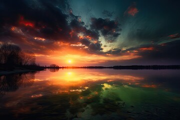 Fototapeta na wymiar Airy Sunrise Over Serene Lake: A Peaceful Nature Scene: Generative AI