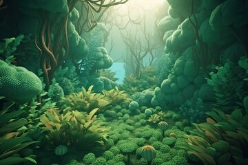 Fototapeta na wymiar Glimpse Into a Magical Fantasy Forest: Vibrant Plants, Textured Leaves, and Verdant Greens: Generative AI