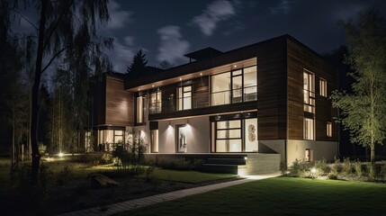 Fototapeta na wymiar Luxurious Modern Country Estate with Contemporary Exterior & Solar Panels Illuminating the Night, Generative AI