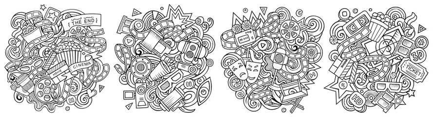 Cinema cartoon vector doodle designs set.
