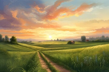 Obraz premium Summer Bliss: A Breathtaking Country Landscape of Meadows and Fields at Sunrise, Generative AI