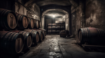 wine barrels in cellar