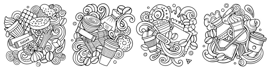 Coffee cartoon vector doodle designs set.