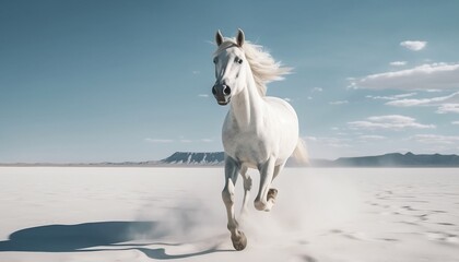 Obraz na płótnie Canvas White Horse Galloping on a White Desert Sand
