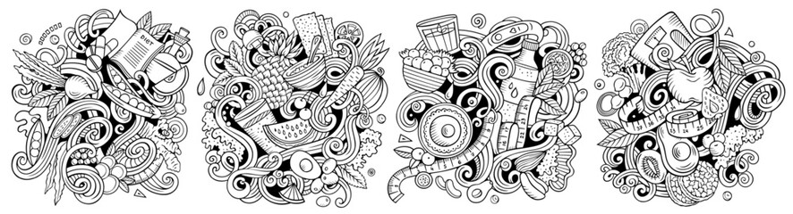 Diet food cartoon vector doodle designs set.
