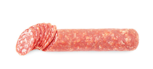 Top view of delicious whole salami isolated on white