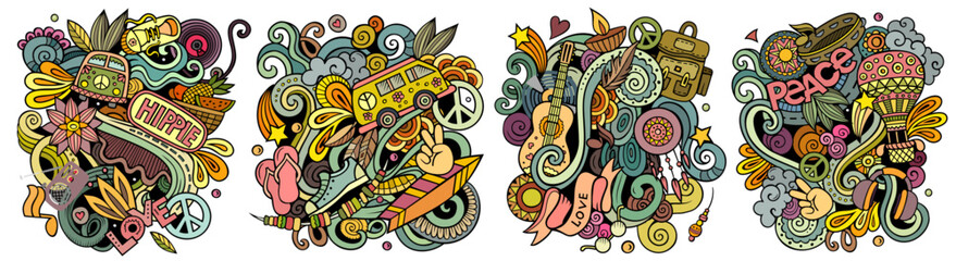 Hippie cartoon vector doodle designs set.