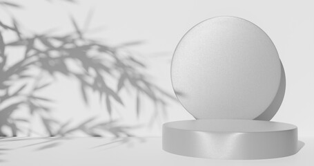 Podium pedestal for advertising products, blurred shadows of foliage silhouettes. 3d rendering