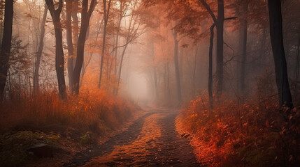 a dirt road through an autumn forest with red leaves on the trees with fog. Generative AI