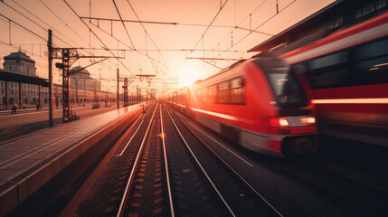 Obraz na płótnie Canvas an express train runs in the sunset. transportation concept. Generative AI