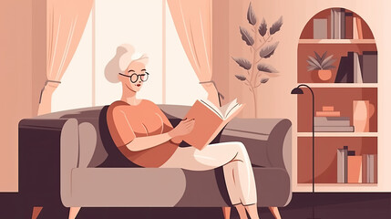 Fototapeta premium a pretty middle-aged woman sits comfortably on the couch and reads a book. Generative AI