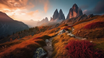 steep mountains in autumn with a dramatic menacing sky. Generative AI