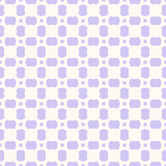 Simple vector geometric seamless pattern with small rounded shapes, flower silhouettes, squares, grid. Abstract white and lilac minimal ornament texture. Elegant repeated minimalist graphic background