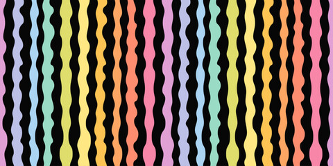 Vector abstract seamless pattern with rainbow wavy lines, stripes, organic shapes. Stylish texture with smooth fluid forms. Simple multicolor background. Funky repeated design for decor, print, cover