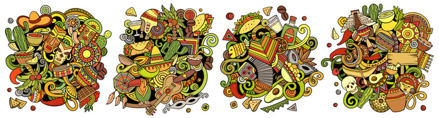 Latin America cartoon vector doodle designs set.