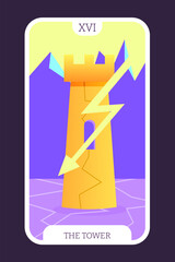 The tower tarot cartoon flat card template major arcana. Taro vector illustration spiritual signs with esoteric magic and astrology symbols. Isolated colored graphic. Witchcraft concept EPS