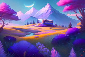 Landscape in the mountains with beautiful moon and purple field