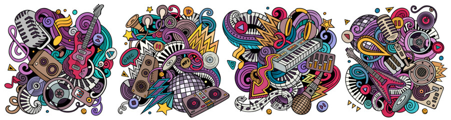 Disco music cartoon vector doodle designs set.