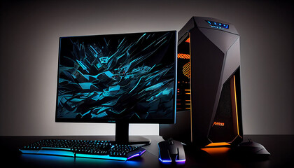 Gaming computer and rgb gaming mouse monitor on dark background Ai generated image