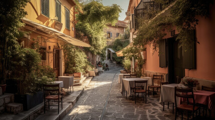 a charming street with cafes in the old town. Generative AI - obrazy, fototapety, plakaty