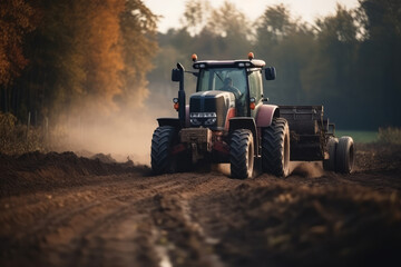 Fototapeta premium Farming Efficiency in Action. Dynamic photo capturing a tractor hard at work on the ground for a new harvest on the farm. Agriculture concept AI Generative