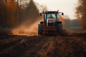 Fototapeta premium Farming Efficiency in Action. Dynamic photo capturing a tractor hard at work on the ground for a new harvest on the farm. Agriculture concept AI Generative