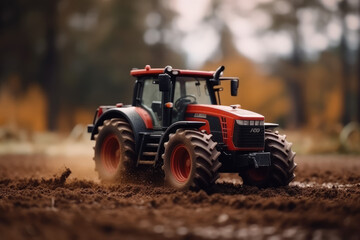 Fototapeta premium Farming Efficiency in Action. Dynamic photo capturing a tractor hard at work on the ground for a new harvest on the farm. Agriculture concept AI Generative