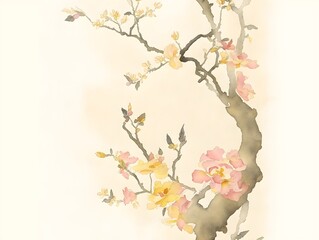 Cherry blossom sakura Japanese style watercolor painting. Great for prints and desktop backgrounds. Generative AI.