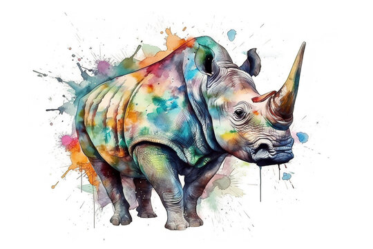 Watercolor painting of a rhinoceros on a white background. Wildlife Animals. Illustration, generative AI.