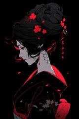 Generative ai. Geisha anime illustration on black background