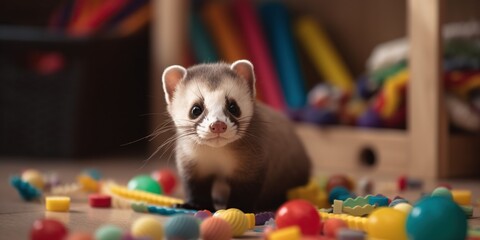Fototapeta na wymiar A playful ferret bouncing around in a pile of toys on the living room floor, concept of Animal behavior, created with Generative AI technology Generative AI