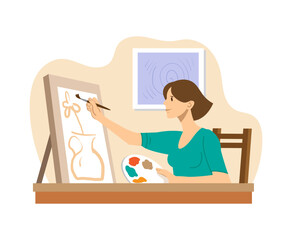 The girl paints a picture on canvas. Flat vector illustration.