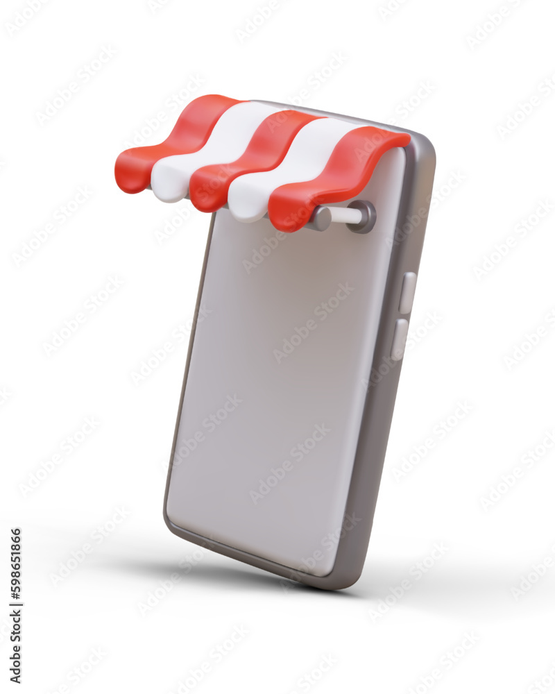 Aufkleber 3d image of smartphone with striped shop canopy. symbol of modern online shopping, application for s