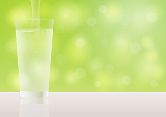 Glass of Water. Water Pouring into Glass. Vector Illustration Isolated on Natural Green Background. 