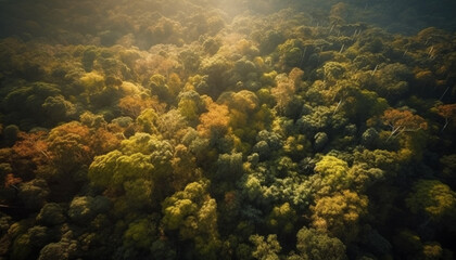 Naklejka na ściany i meble Vibrant autumn forest, high angle view, foggy generated by AI
