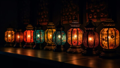 Antique lantern glowing, hanging, illuminates traditional celebration indoors generated by AI