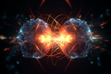 Science and technology concept. Collision of two atoms illustration. Quantum physics, nuclear reaction. Generative AI