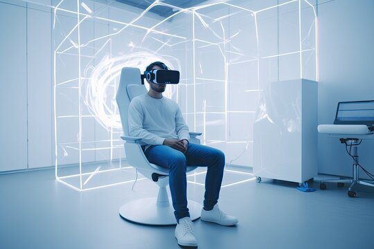 A man sits in a chair in virtual reality glasses against the background of a hologram. Generative ai.