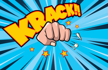 Cartoon fist with dynamic explosive action lines and sound effect.