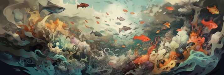 A chaotic yet harmonious mix of oceanic elements, including swirling waves, schools of fish, and coral reefs, concept of Natural interconnectedness, created with Generative AI technology Generative AI