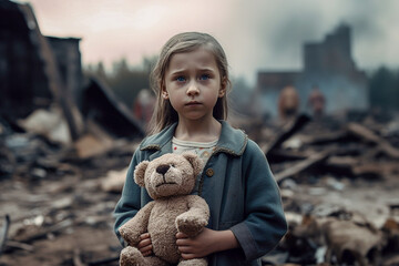 A little girl standing alone in a post - war scene, amidst rubble and destruction, clutching a white teddy bear with a look of sadness on her face - ai generative