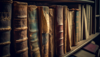 Naklejka premium Antique book collection on old bookshelf generated by AI