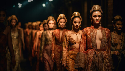 Fototapeta premium Fashionable women walking on stage, showing elegance generated by AI