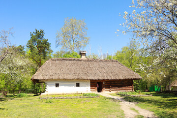 Fototapeta na wymiar Whitewashed house with a thatched roof from Middle Transnistria in skansen Pirogovo in Kyiv, Ukraine