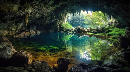 Breathtaking underground cave with lake. Generative AI
