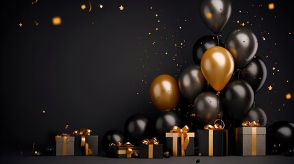 Celebration black background with black and gold balloons, gifts and confetti. Place for text, empty space. AI generation