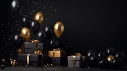 Fototapeta na wymiar Celebration black background with black and gold balloons, gifts and confetti. Place for text, empty space. AI generation